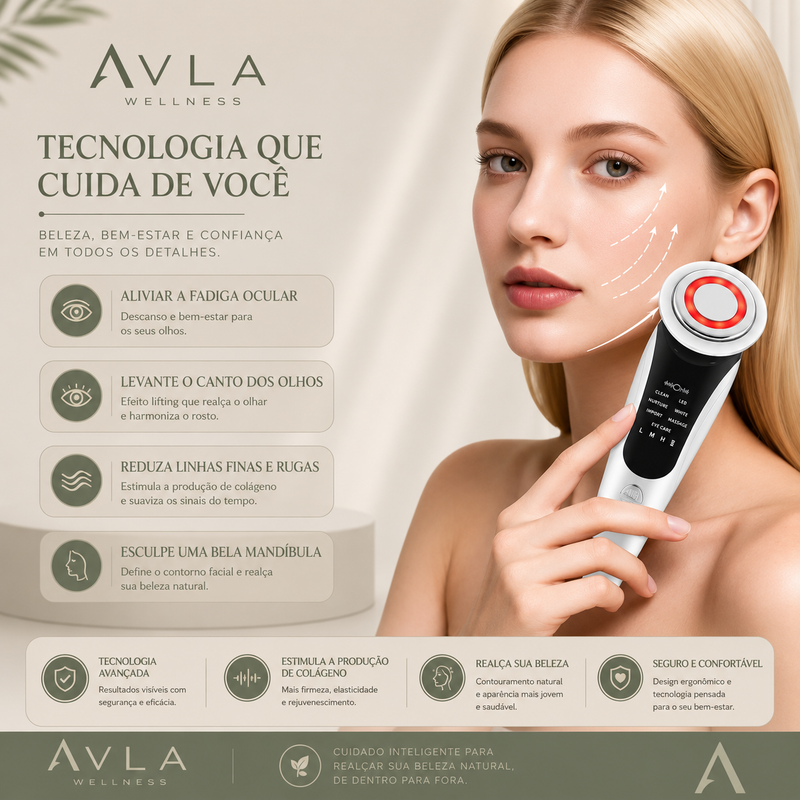 Massageador Facial Ultraleve com Fótons LED para Limpeza, Rejuvenescimento e Firmeza da Pele | AVLA Wellness - Produto Original