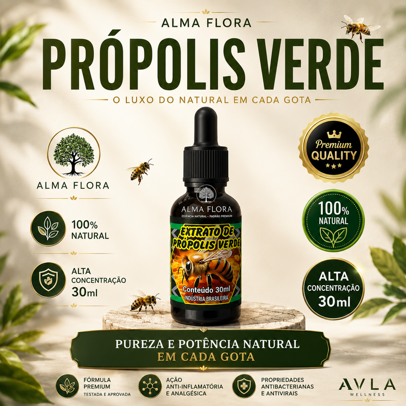 Extrato de Própolis Verde Premium Alma Flora 30ml para fortalecimento da imunidade natural | Avla Wellness - Produto Original