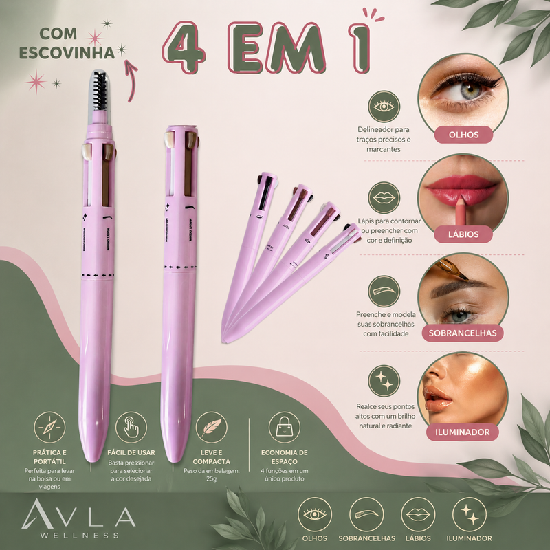 Caneta de Maquiagem 4 em 1 Multifuncional | Delineador, Sobrancelha, Lábios e Iluminador | Avla Wellness - Produto Original