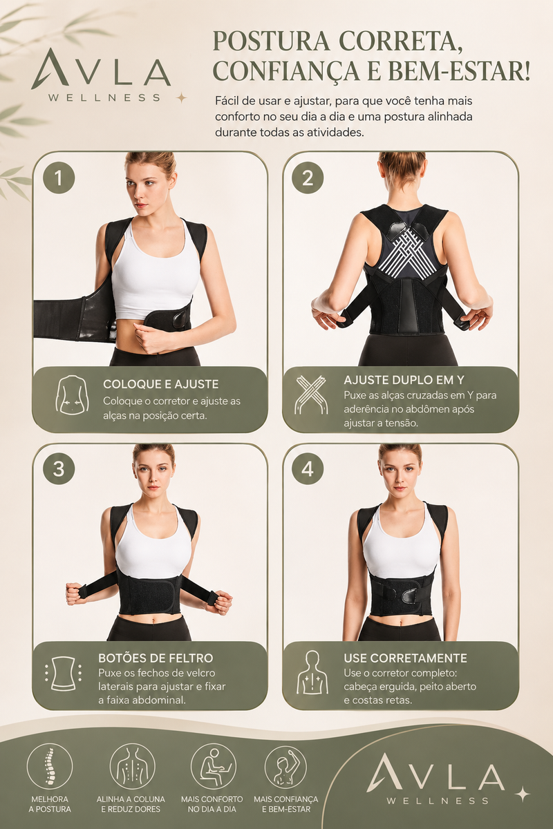 Corretor Postural Ergonômico Ajustável para Costas e Ombros | AVLA Wellness - Produto Original